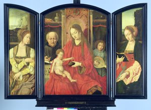 Den heliga familjen med den heliga Katarina och den heliga Barbara, triptyk (tempera på panel)